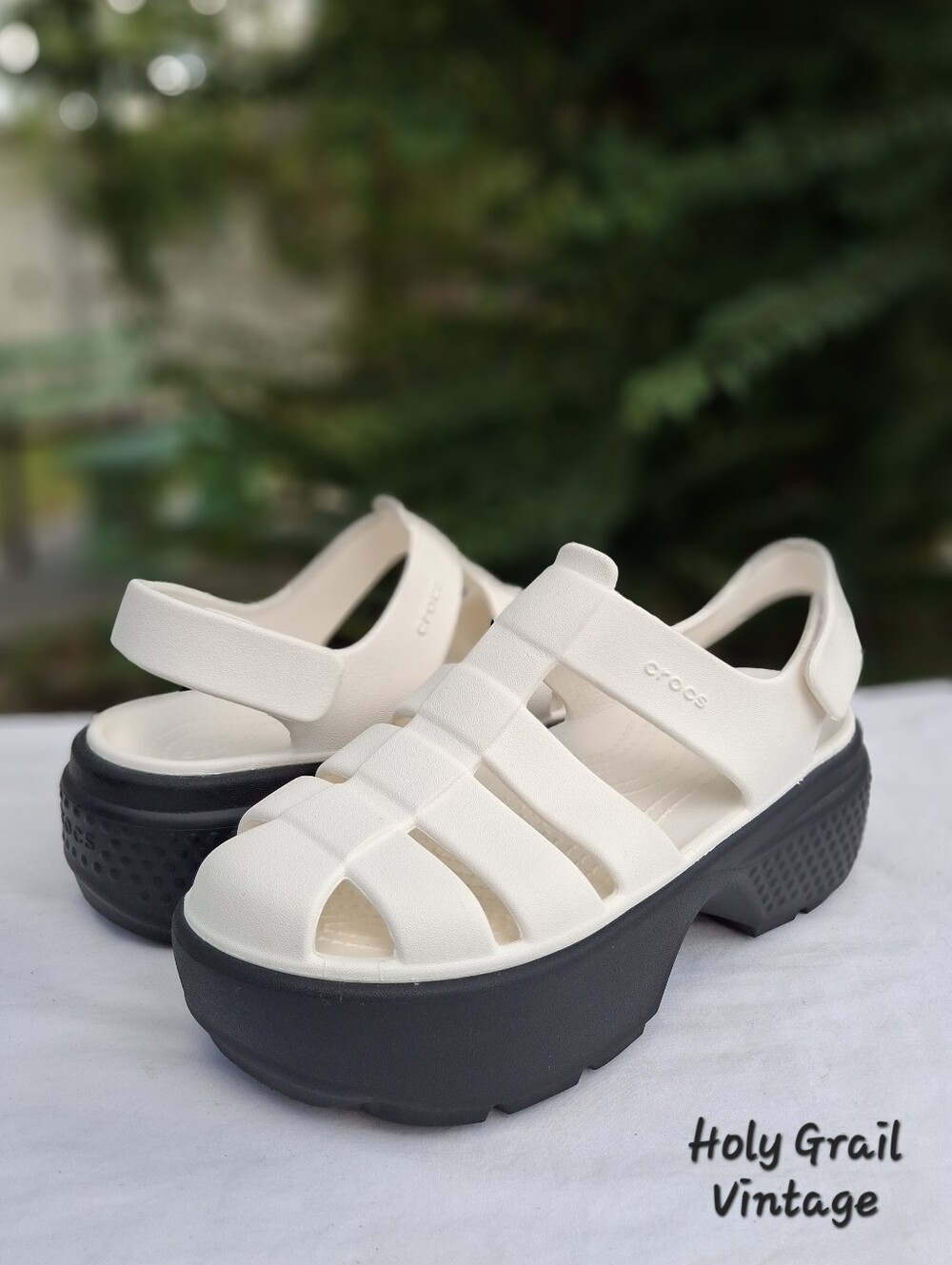 CROCS Women's Stomp Fisherman Platform Sandals In Chalk Colorway Size 7